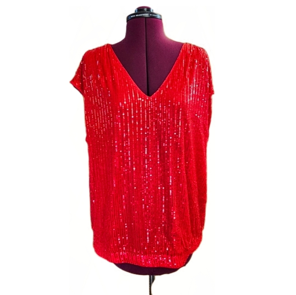 Grace Karin Sparkling Sequins Red V-Neck Sleeveless Blouse Top